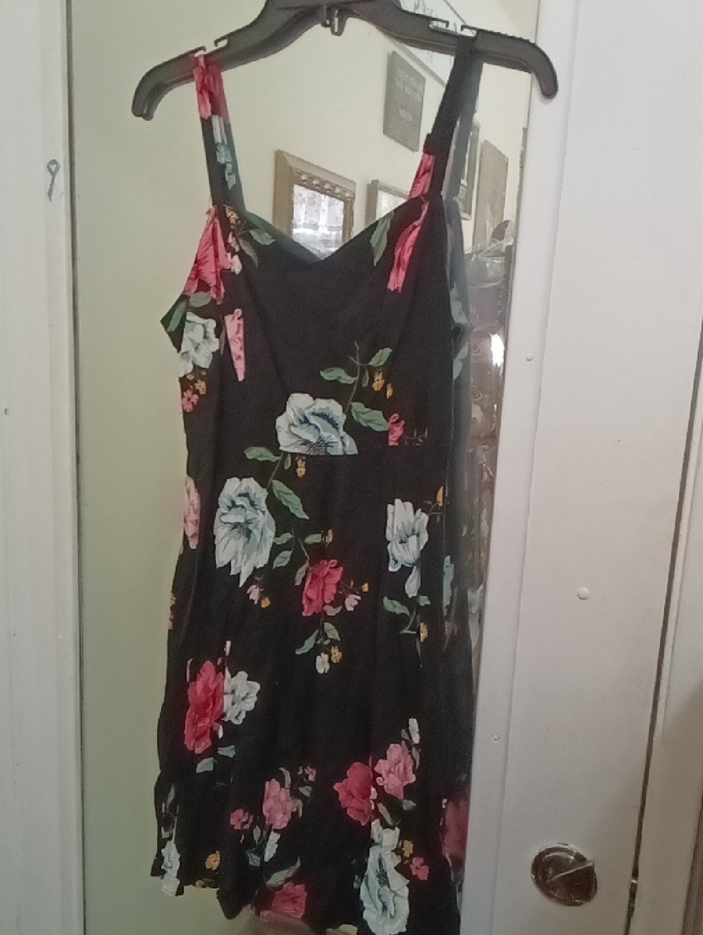 Women's Black Floral Pullover Slip Dress with Pink and White Blooms